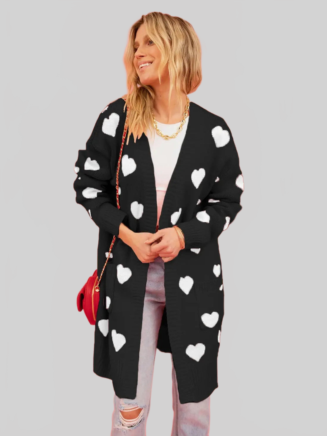 Women Heart Graphic Open Front Cardigan with Pockets nicholesgifts