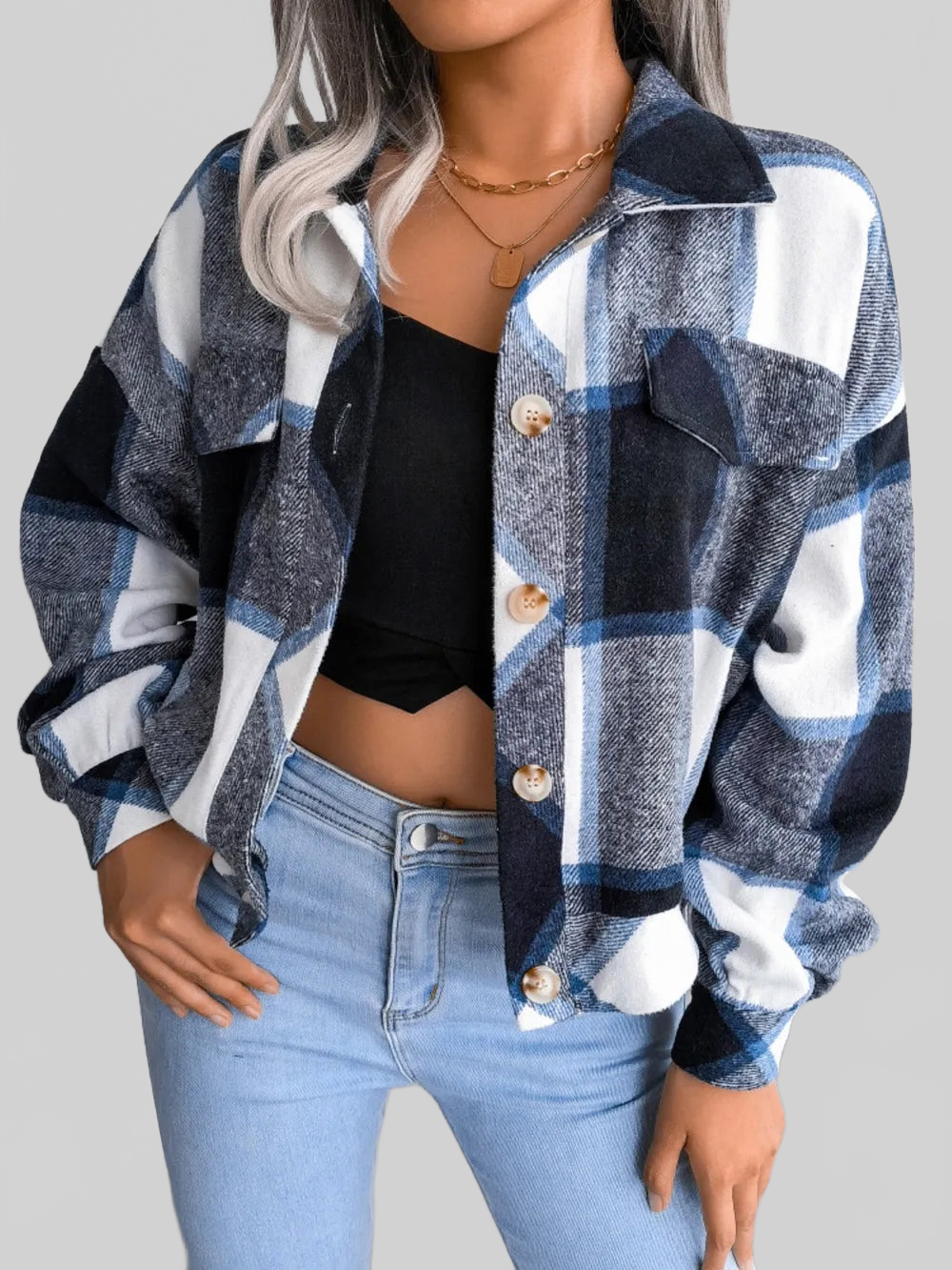 Plaid Collared Neck Long Sleeve Jacket NicholesGifts