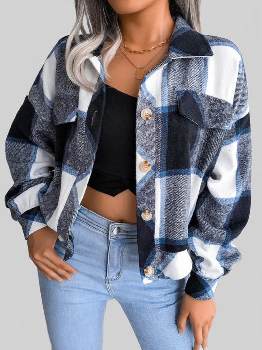 Plaid Collared Neck Long Sleeve Jacket NicholesGifts