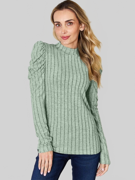 Basic Full Size Ribbed Mock Neck Puff Sleeve T-Shirt nicholesgifts