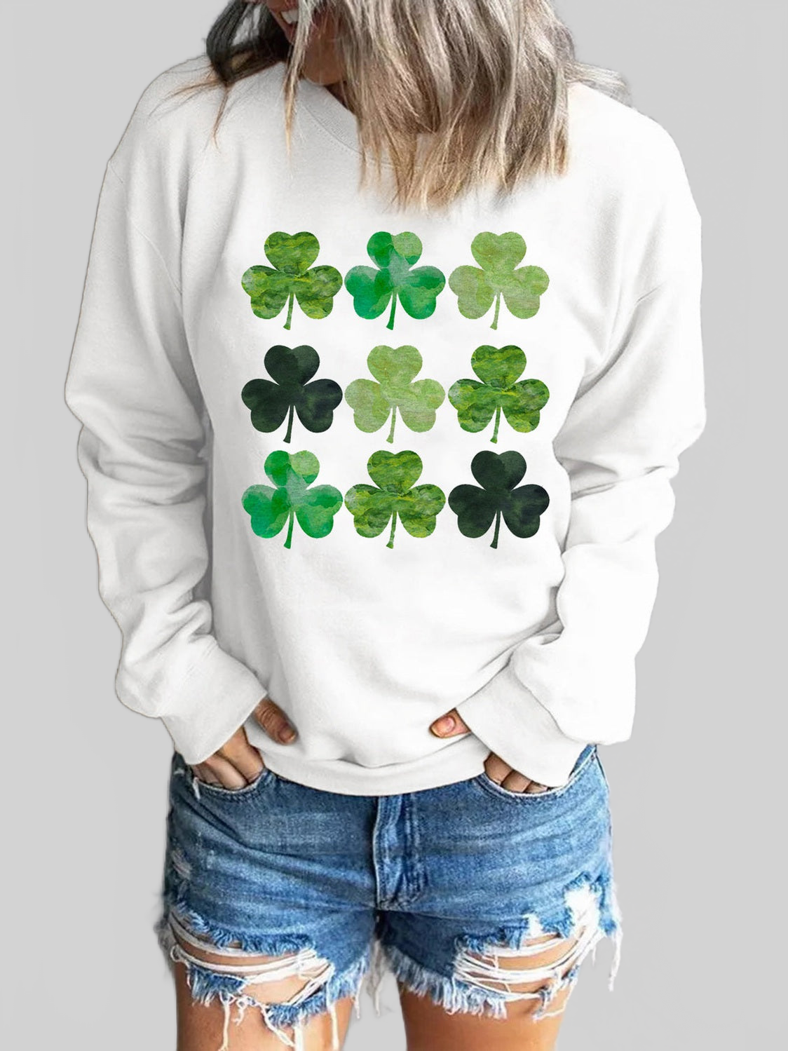 Women Lucky Clover Round Neck Dropped Shoulder Sweatshirt nicholesgifts