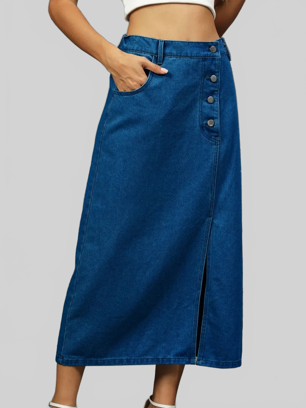 Slit Button Detail Denim Midi Skirt nicholesgifts
