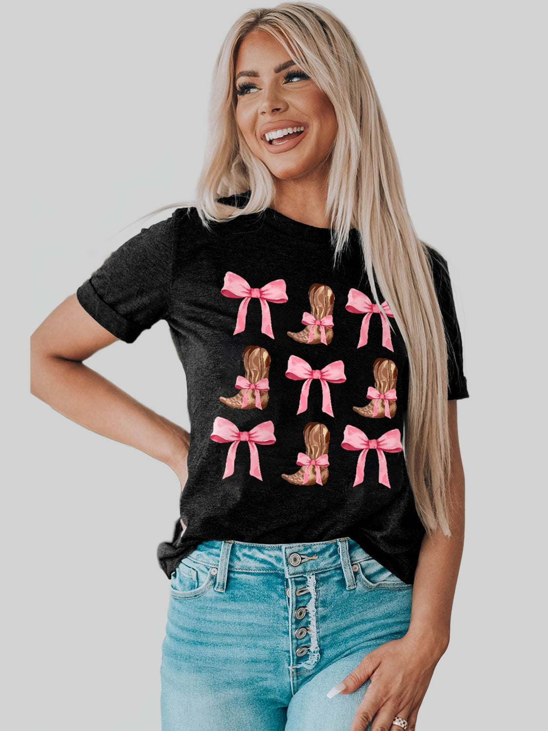 Women Bow & Boot Graphic Round Neck Short Sleeve T-Shirt nicholesgifts