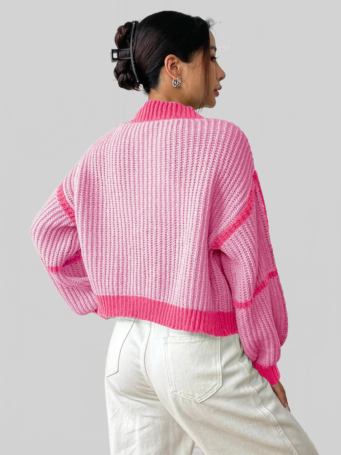 Women Contrast Open Front Long Sleeve Cardigan nicholesgifts