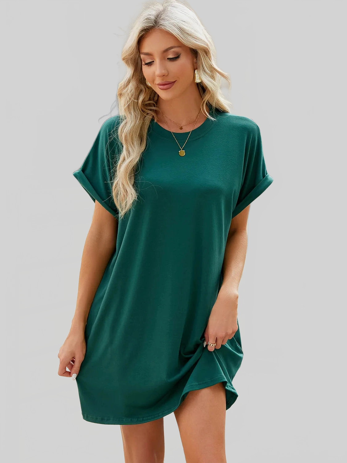 Round Neck Rolled Short Sleeve Tee Dress nicholesgifts