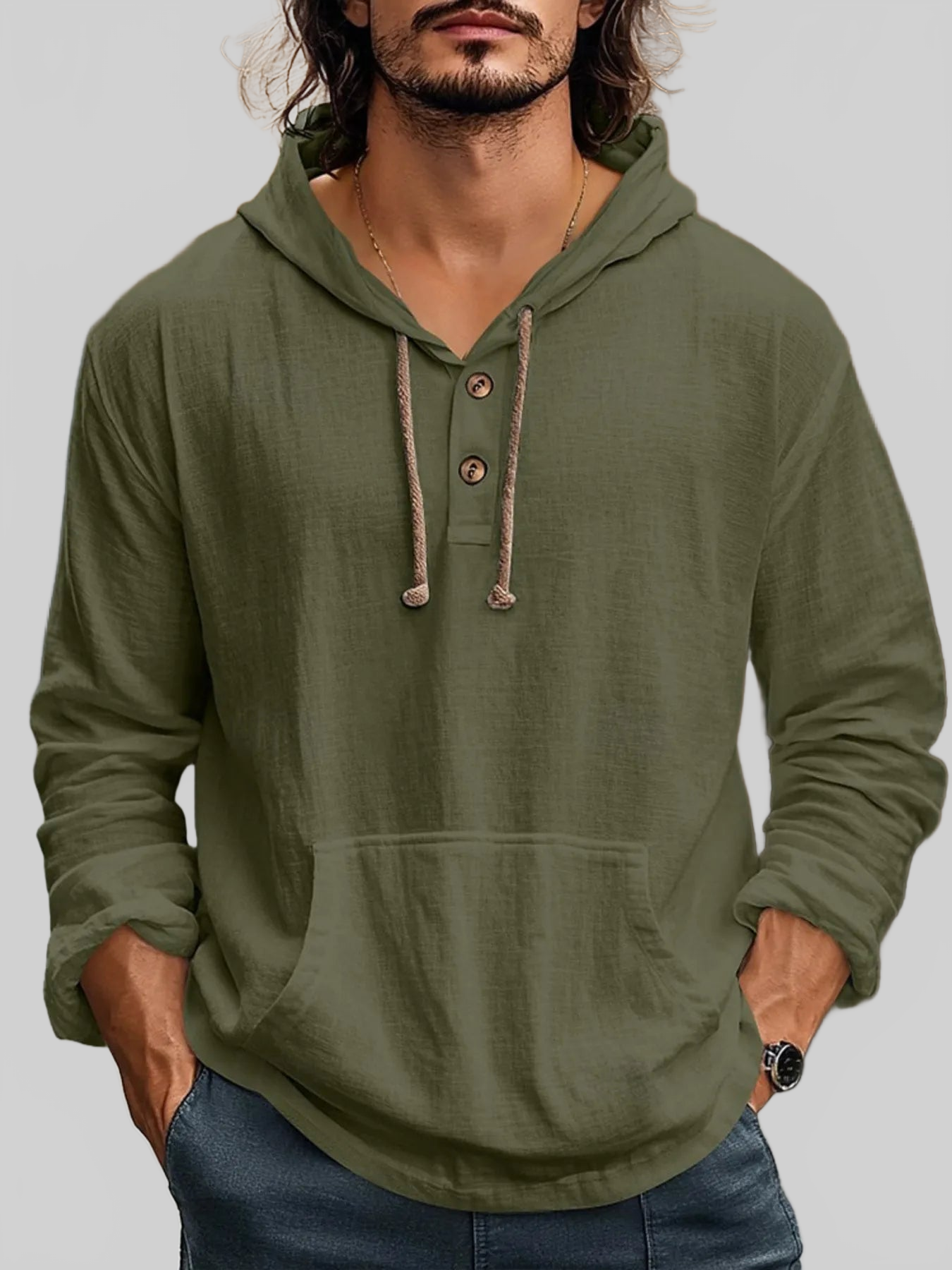 Men's Full Size Drawstring Long Sleeve Hoodie with Button Details Plus Size nicholesgifts
