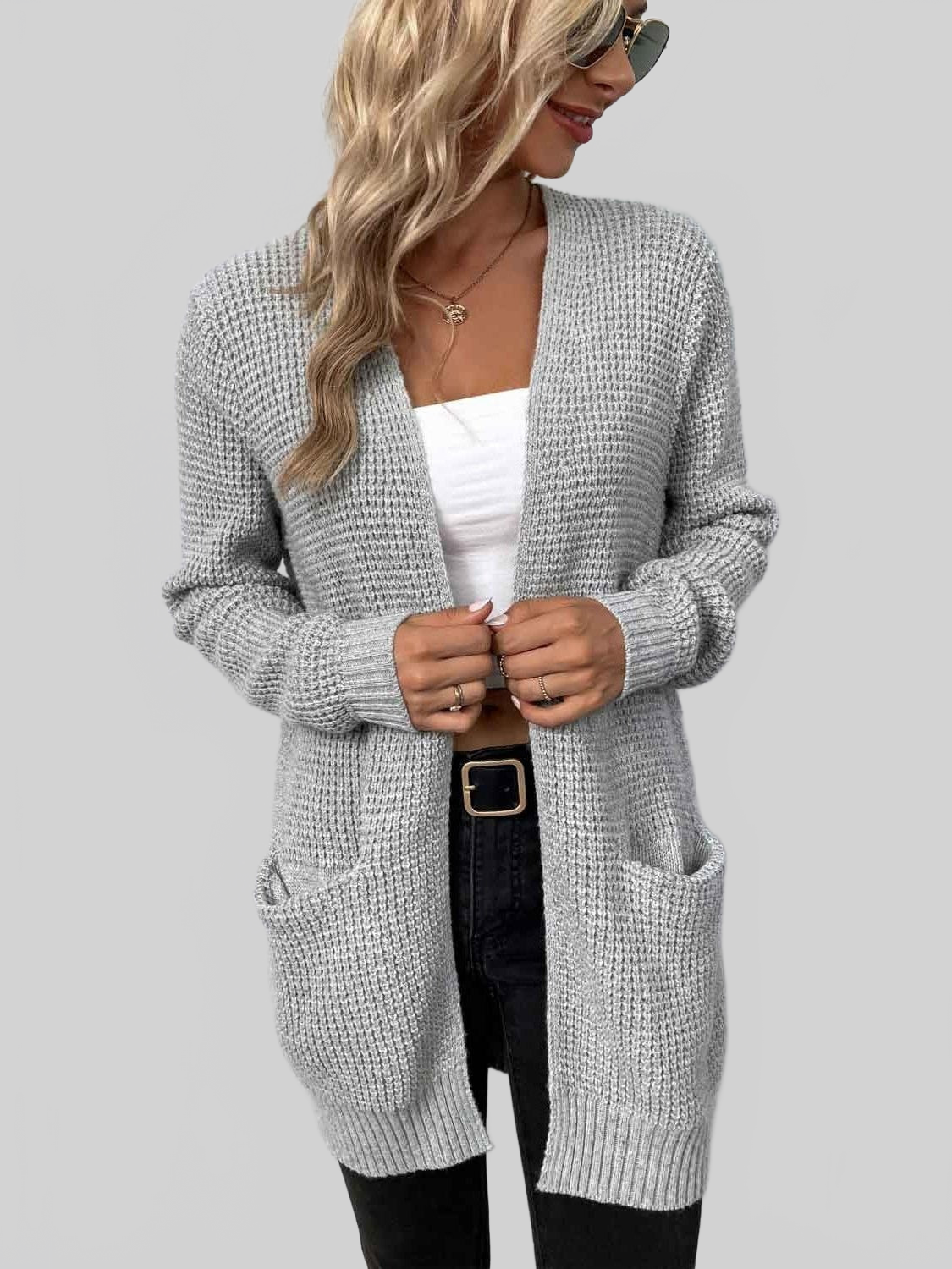 Women Rib-Knit Open Front Pocketed Cardigan NicholesGifts