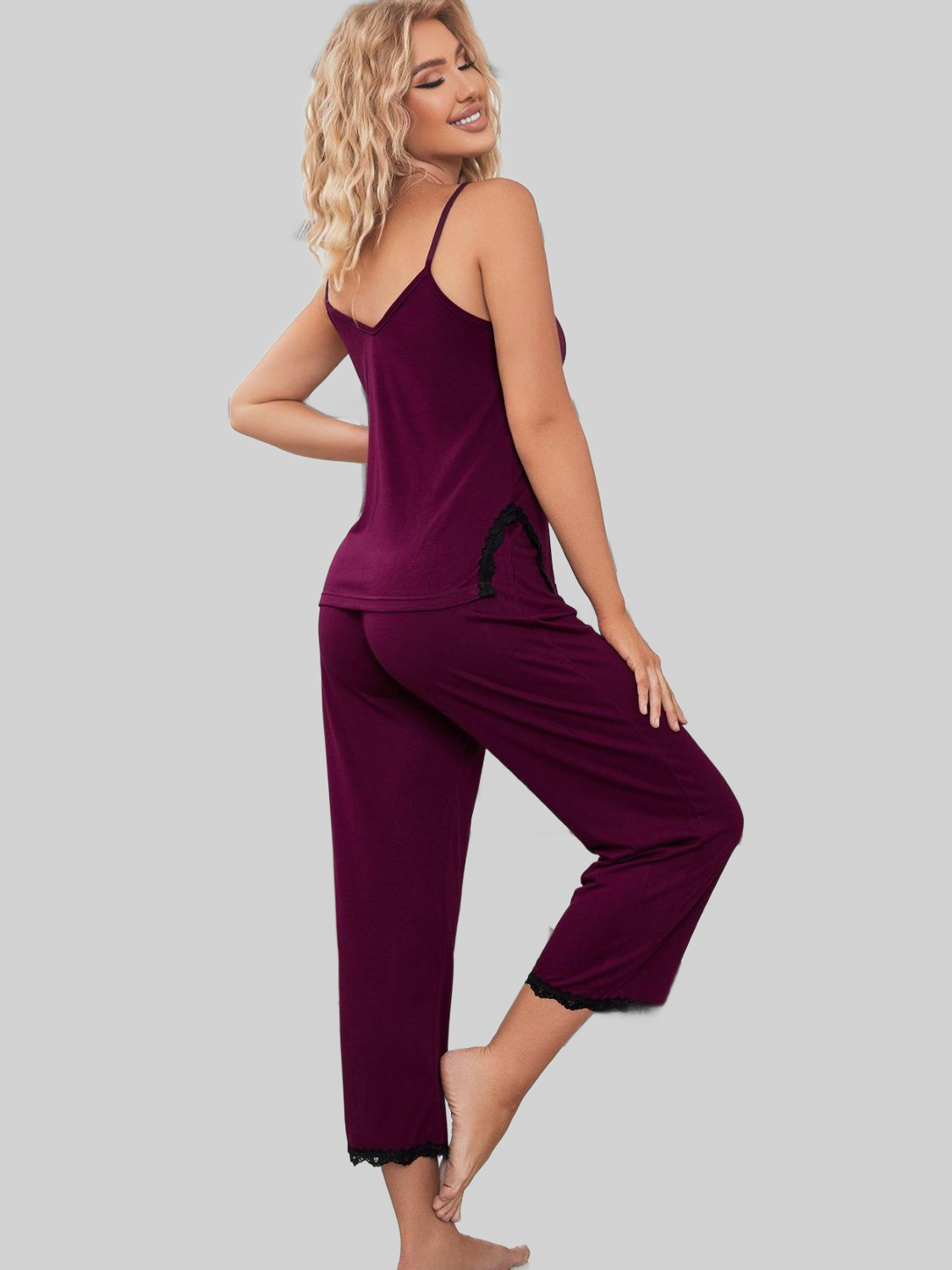 V-Neck Lace Trim Slit Cami and Pants Pajama Set nicholesgifts