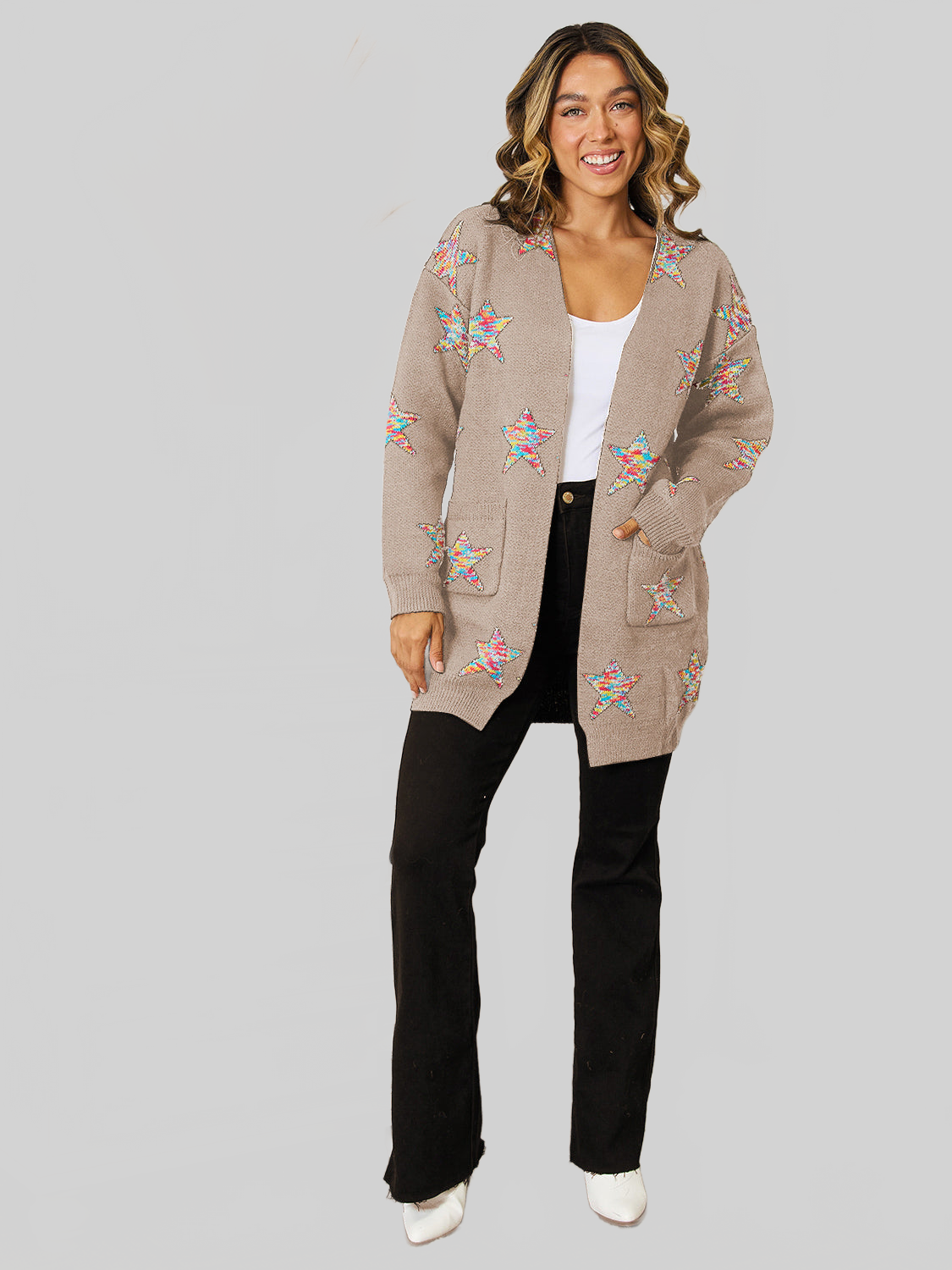 Women Angel Wings Star Pattern Open Front Cardigan with Pockets nicholesgifts