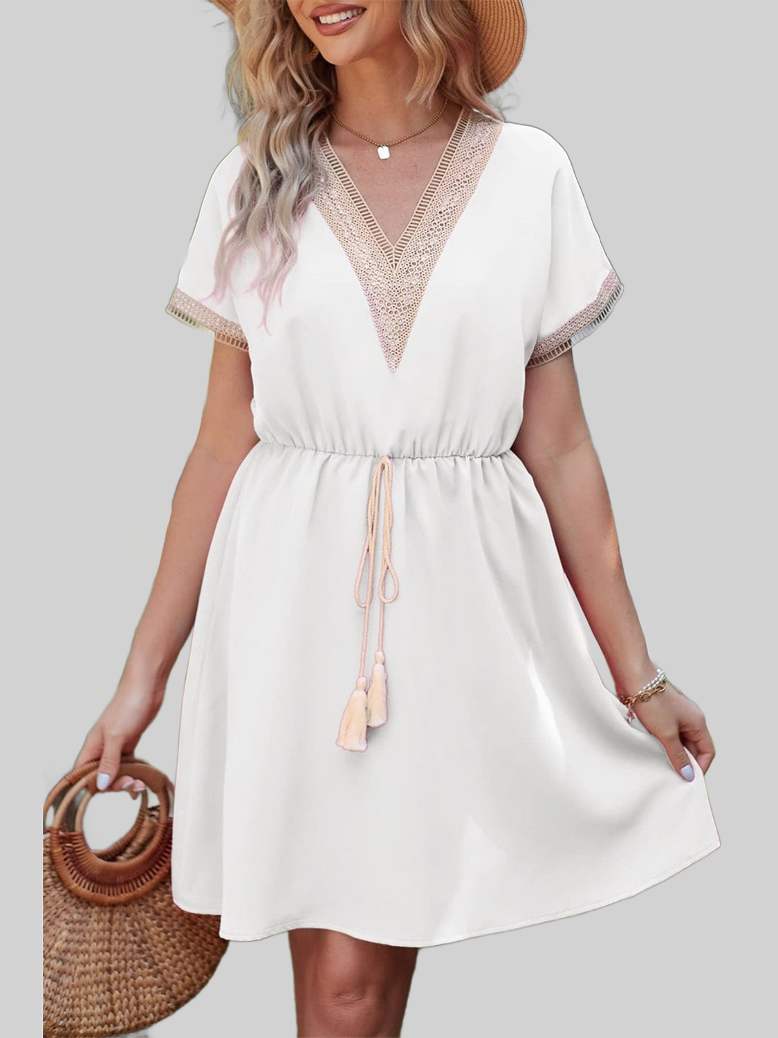 Women Tassel V-Neck Short Sleeve Summer Dress nicholesgifts