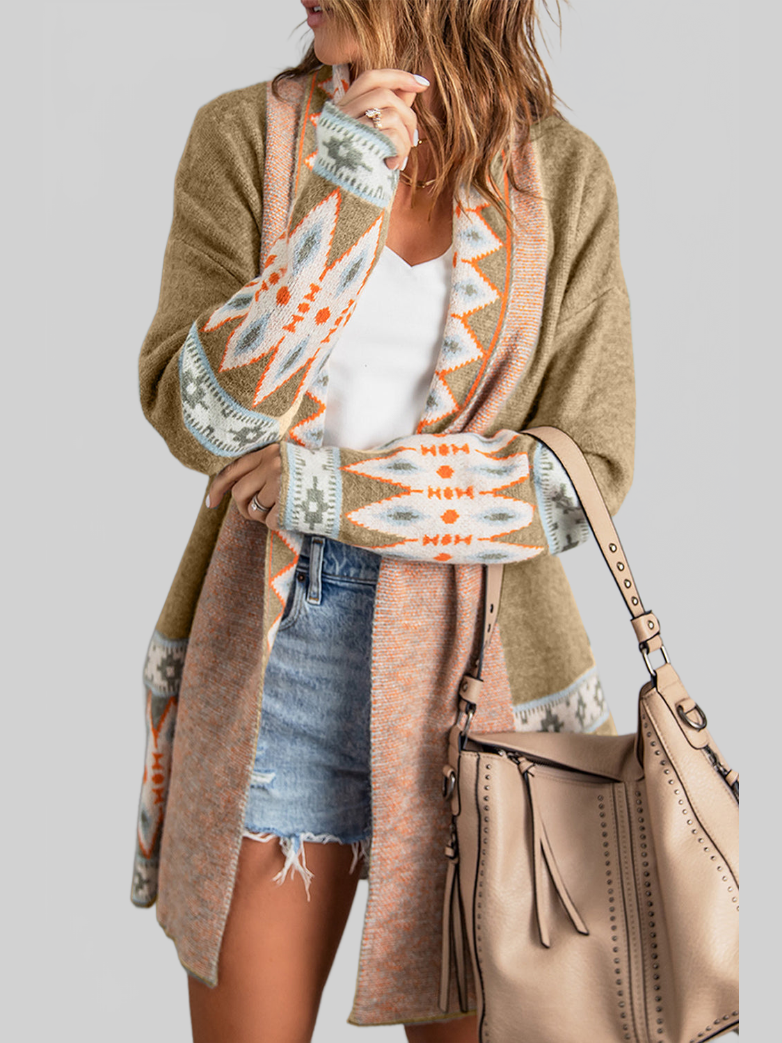 Women Geometric Open Front Long Sleeve Cardigan Sweater nicholesgifts