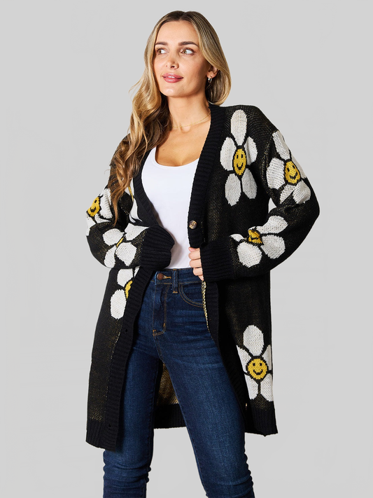 Women Perfee Floral Button Down Longline Cardigan nicholesgifts