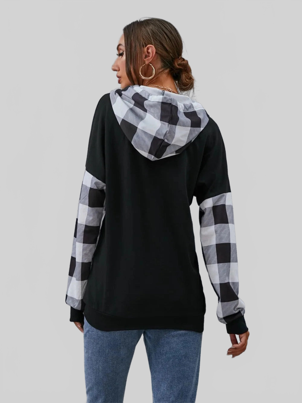 Plaid Drawstring Dropped Shoulder Hoodie NicholesGifts