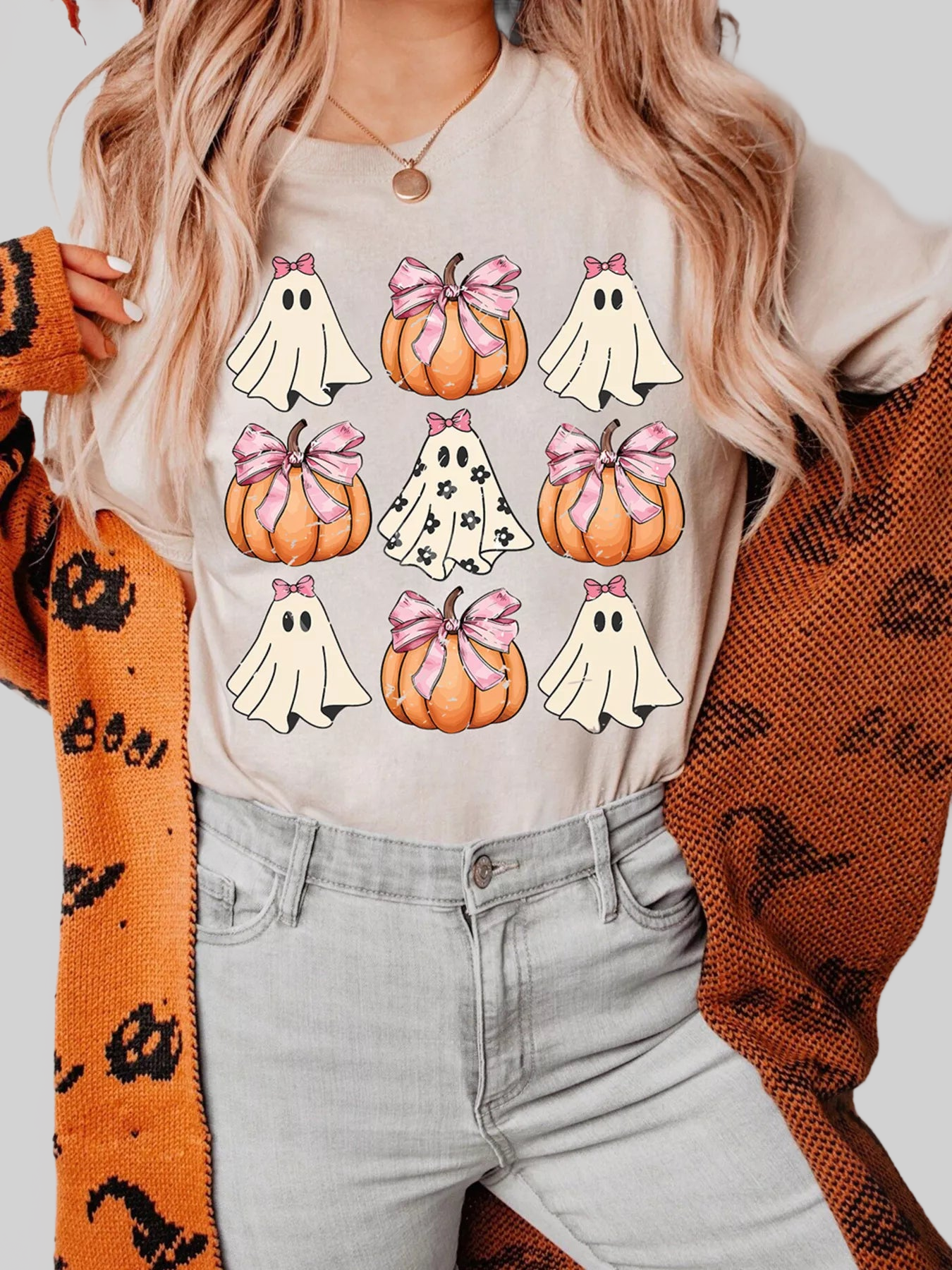 Women Halloween Bowknot Ghost Pumpkin Graphic T Shirt nicholesgifts