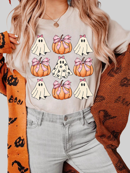 Women Halloween Bowknot Ghost Pumpkin Graphic T Shirt nicholesgifts