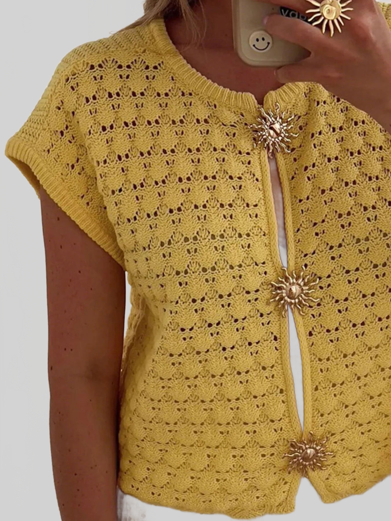 Crochet Short Sleeve Button Front Cardigan nicholesgifts