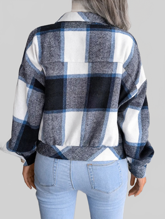 Plaid Collared Neck Long Sleeve Jacket nicholesgifts