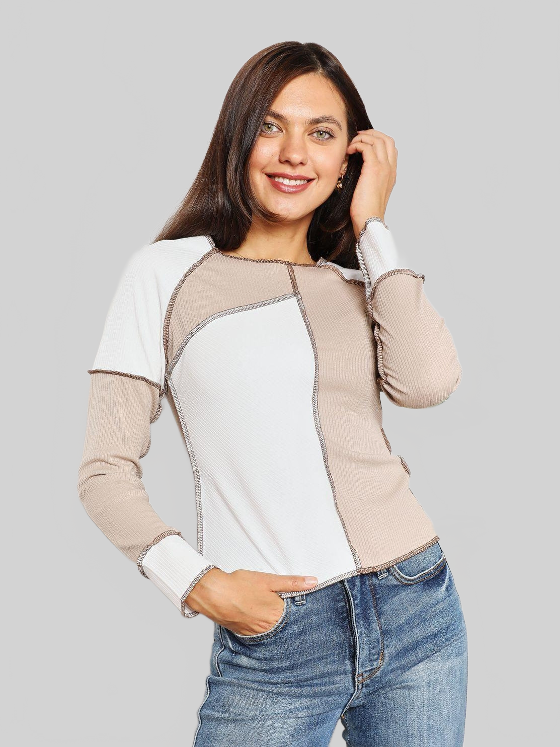 Women Double Take Color Block Exposed Seam Top NicholesGifts