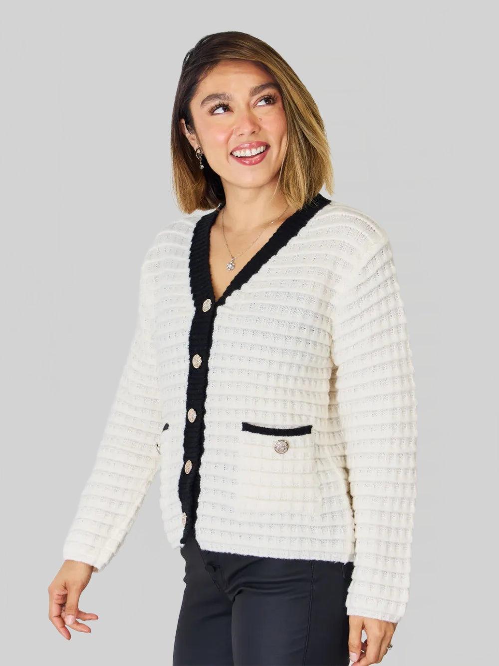 Women Contrast Trim Button Up Cardigan nicholesgifts