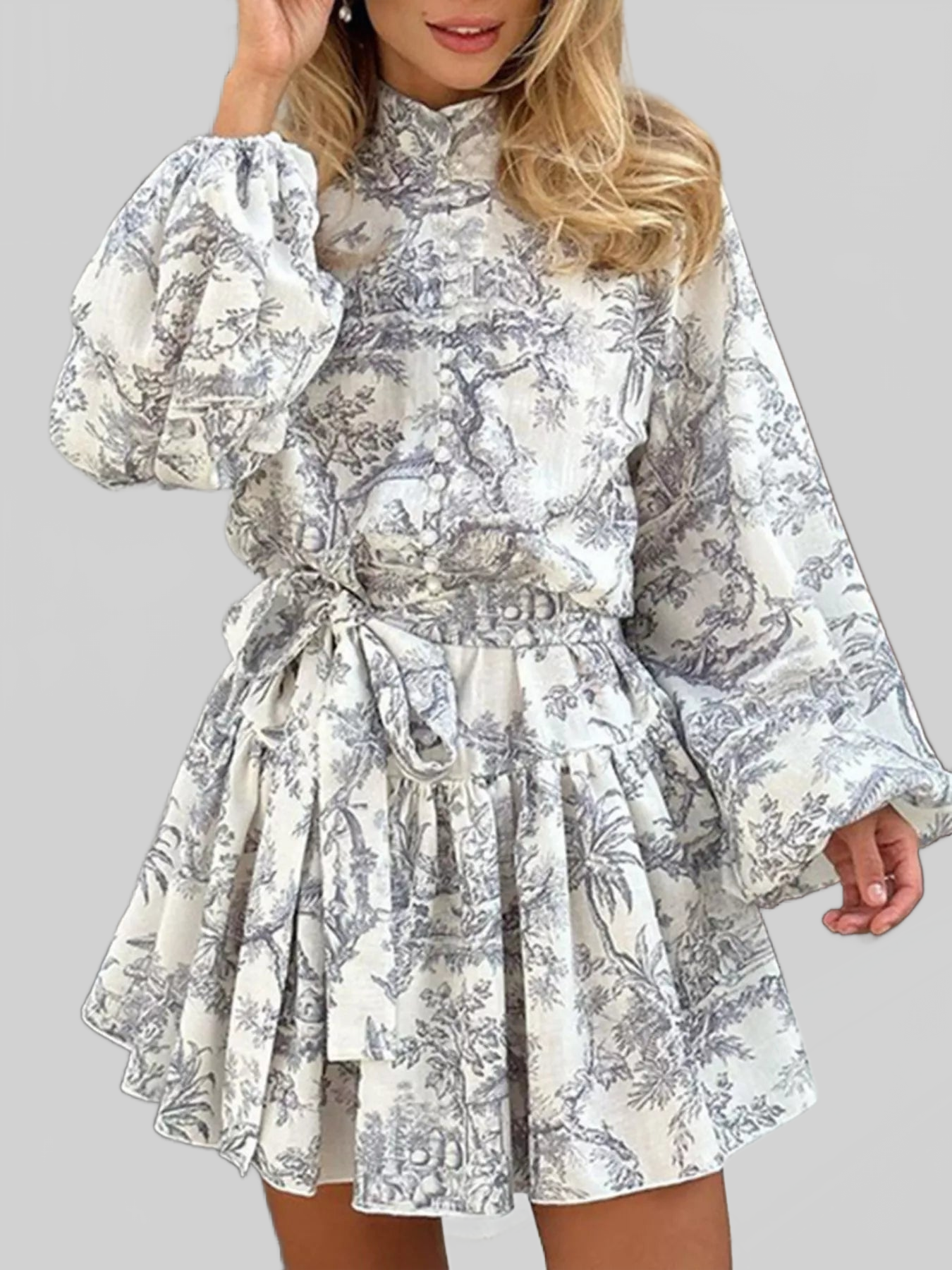 Women Printed Balloon Sleeve Tie Waist Dress nicholesgifts