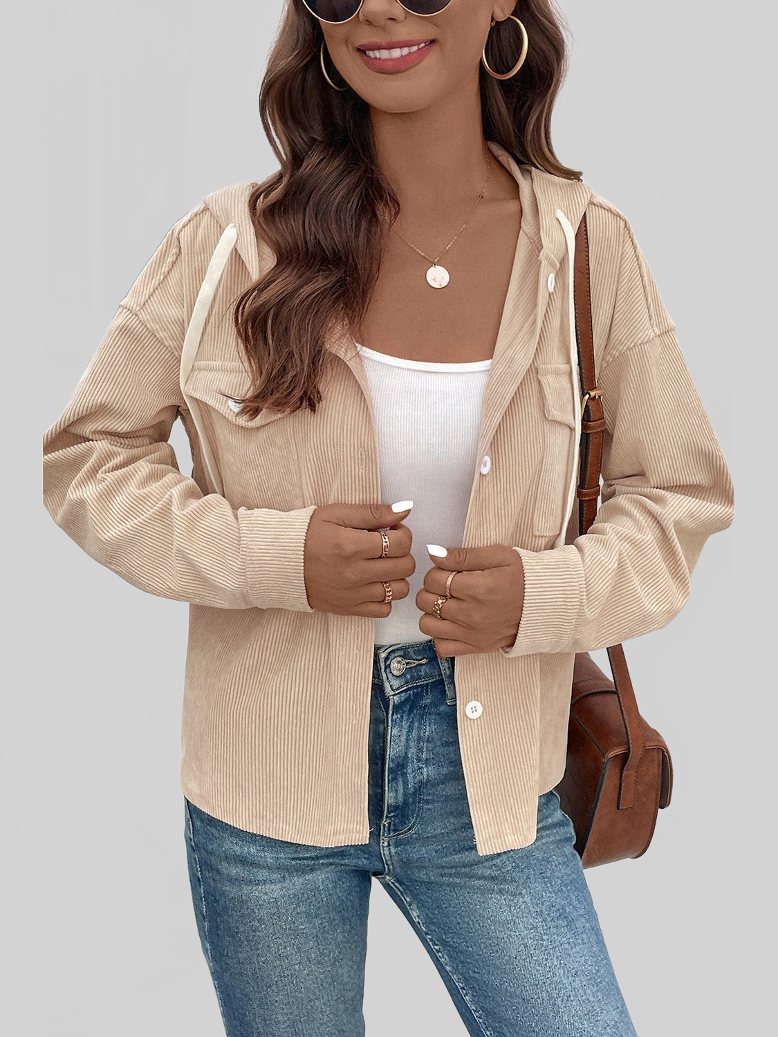 Perfee Ribbed Button Up Drawstring Hooded Jacket NicholesGifts