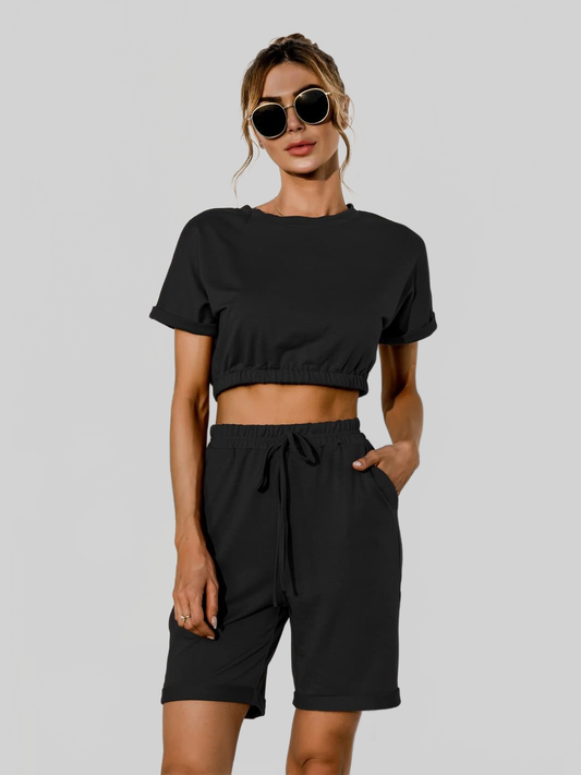 Short Sleeve Cropped Top and Drawstring Shorts Lounge Set nicholesgifts