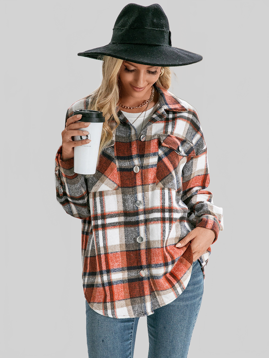 Women Ivy Lane Meet You Outside Plaid Button Down Curved Hem Shacket NicholesGifts