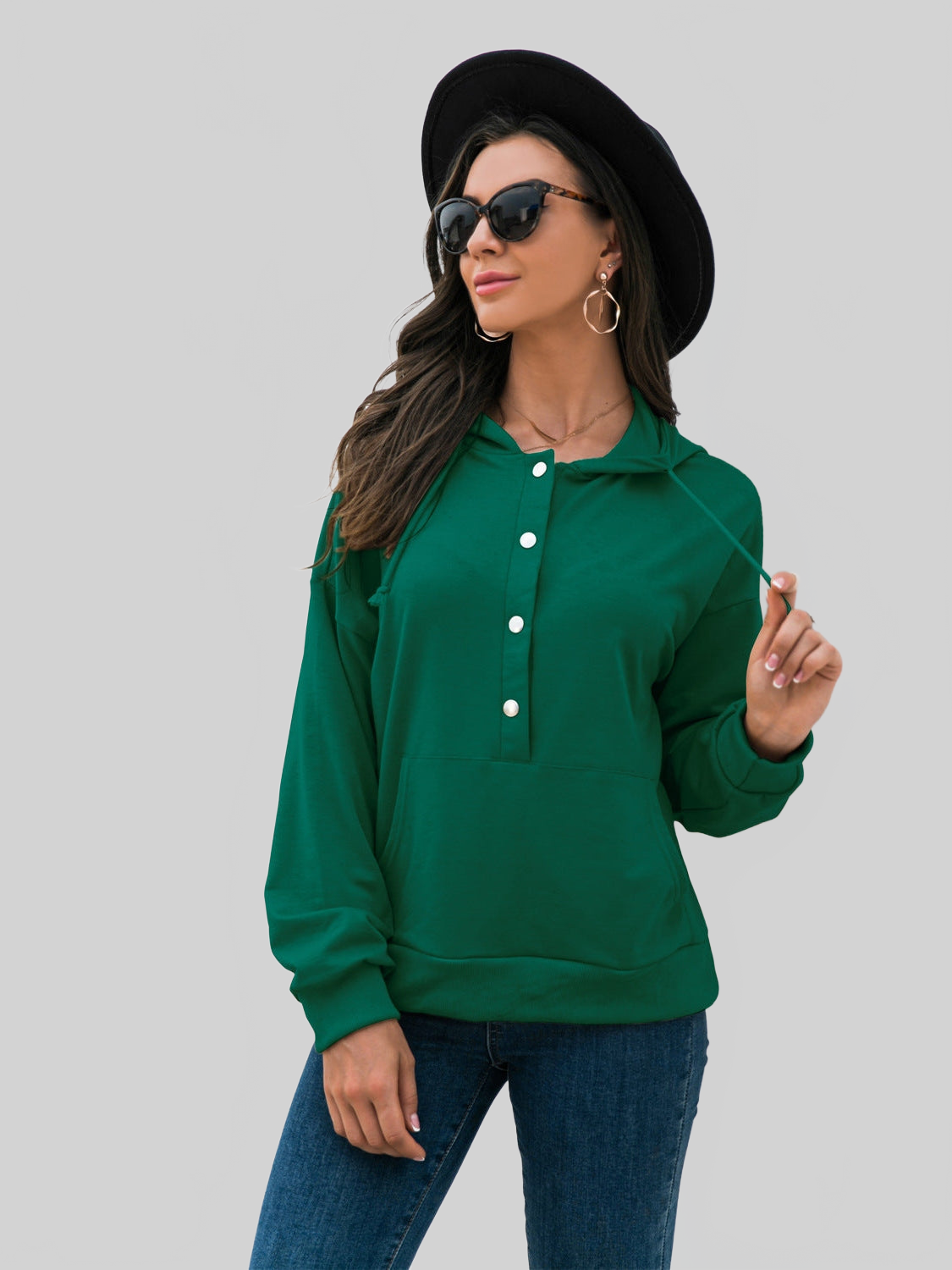 Women Half-Snap Drawstring Hoodie with Kangaroo Pocket nicholesgifts