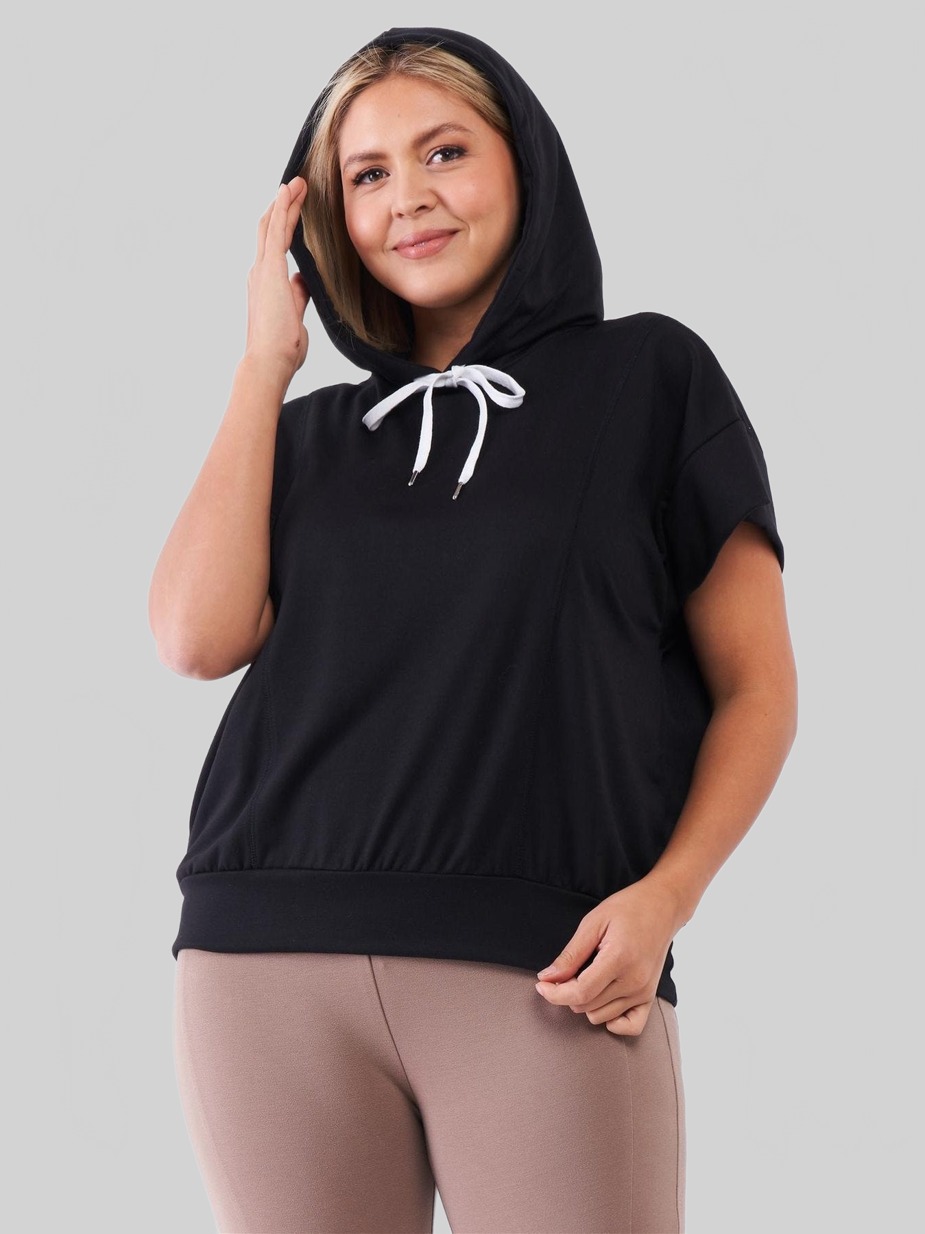 NicholesGifts Plus Size Women Black Short Wing Sleeve Relaxed Fit White Draw String Tie Hood Detail Top NicholesGifts