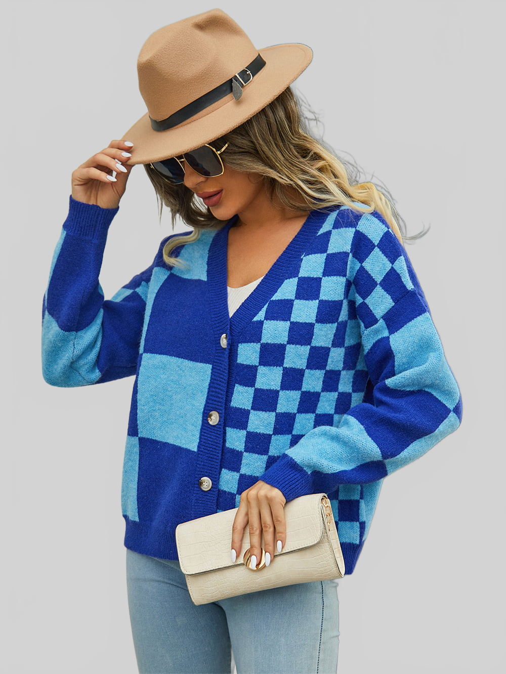 Angel Wings Plaid V-Neck Dropped Shoulder Cardigan nicholesgifts
