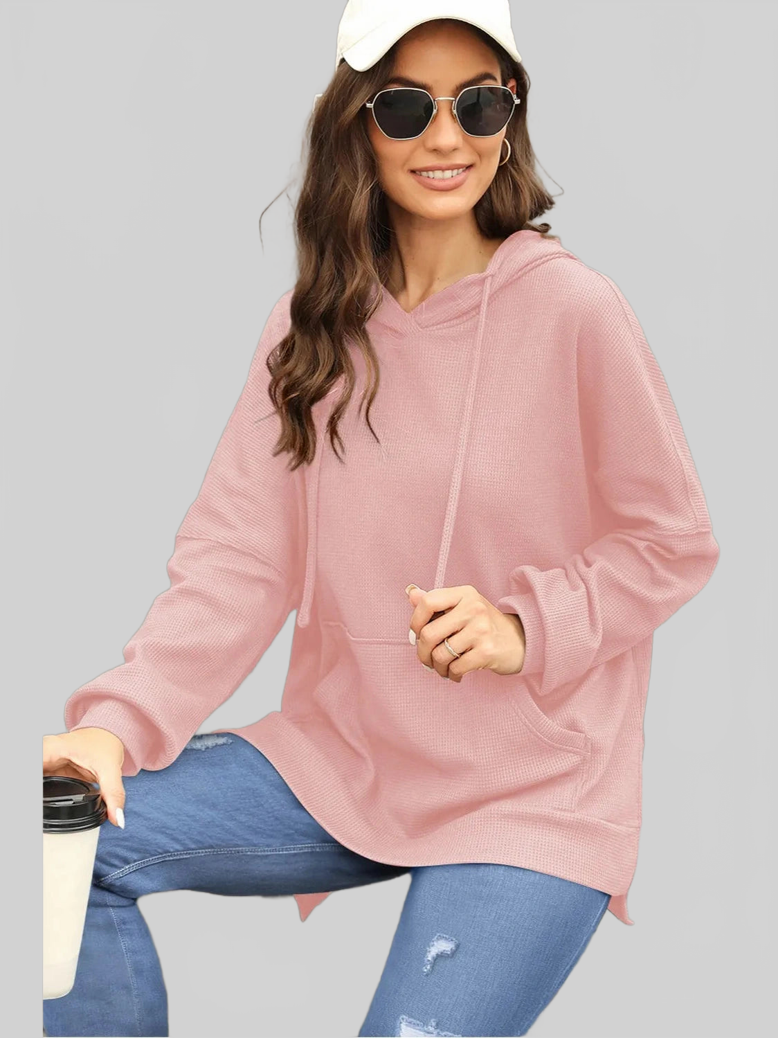 Waffle-Knit Long Sleeve Hoodie nicholesgifts