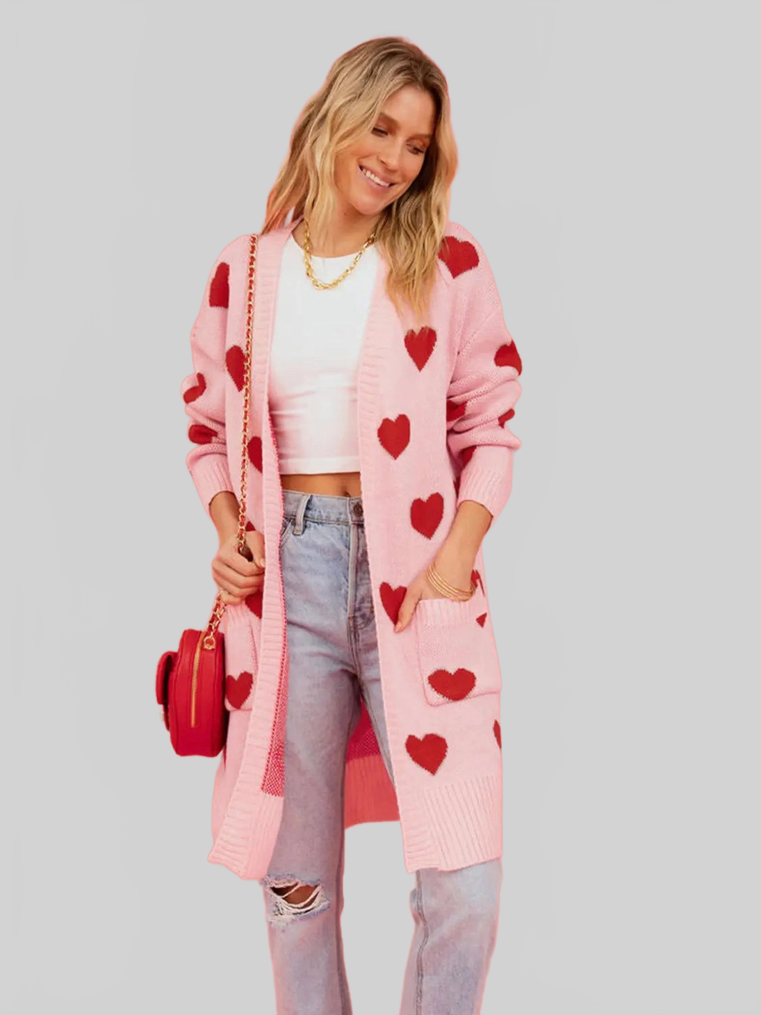 Women Heart Graphic Open Front Cardigan with Pockets nicholesgifts