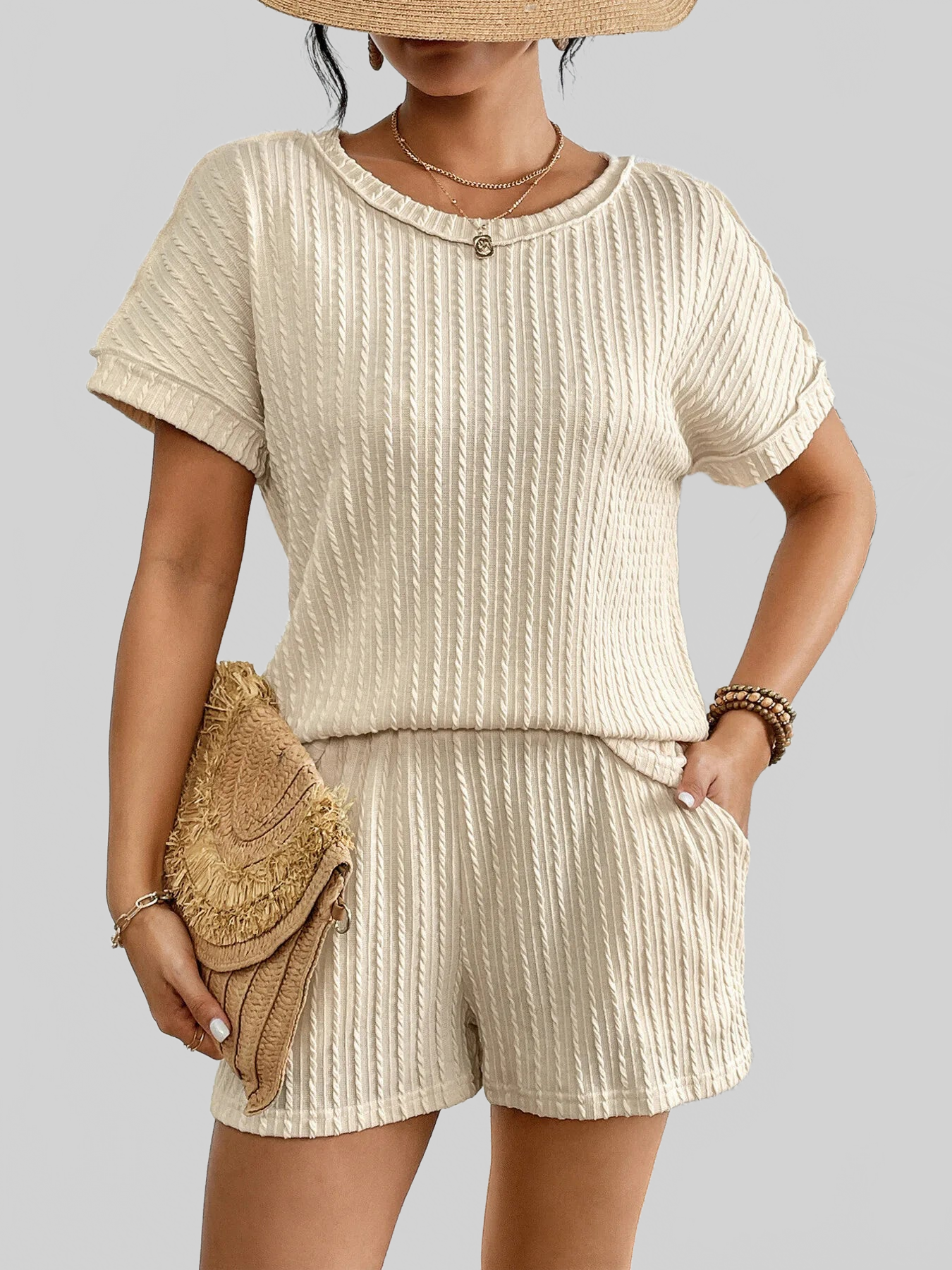 Texture Round Neck Top and Shorts Lounge Set nicholesgifts