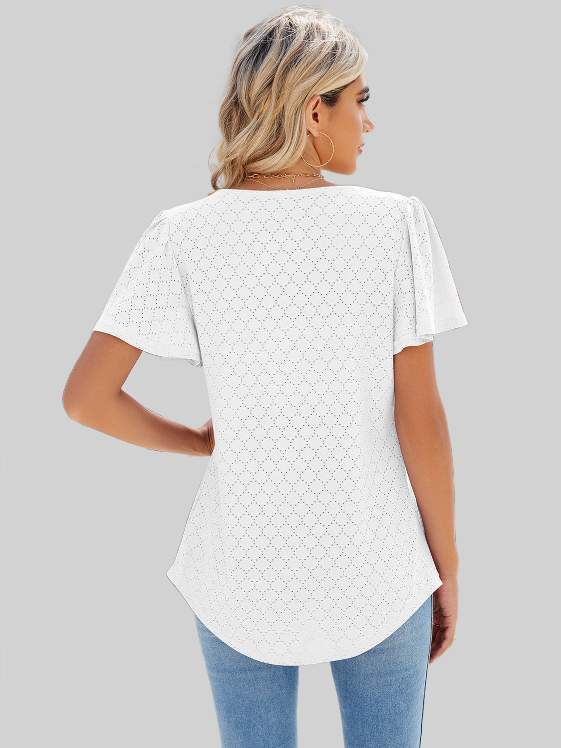Women Eyelet Square Neck Flutter Sleeve Blouse nicholesgifts
