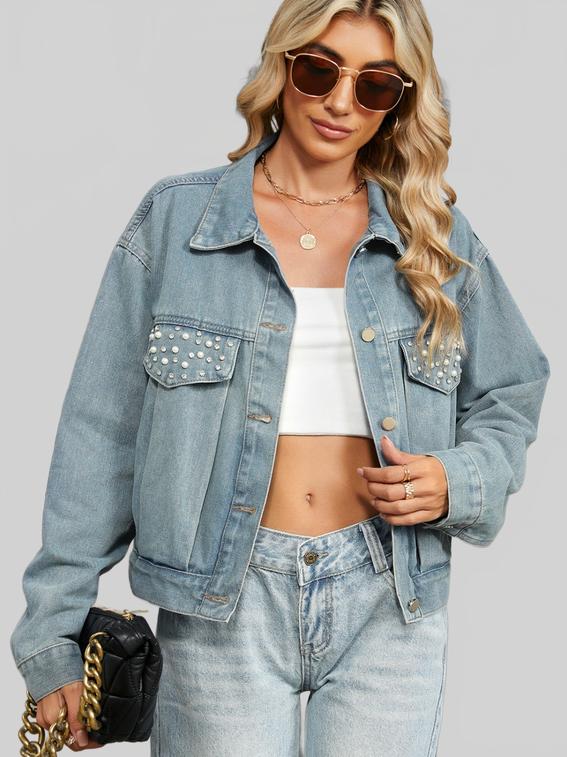 Rhinestone & Peal Trim Button Down Long Sleeve Denim Jacket NicholesGifts