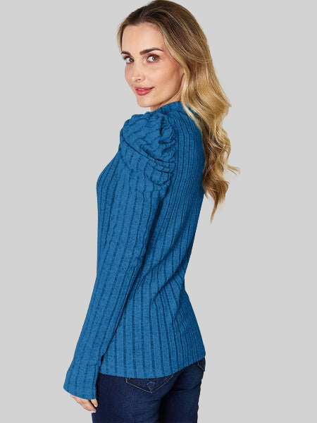 Basic Full Size Ribbed Mock Neck Puff Sleeve T-Shirt nicholesgifts