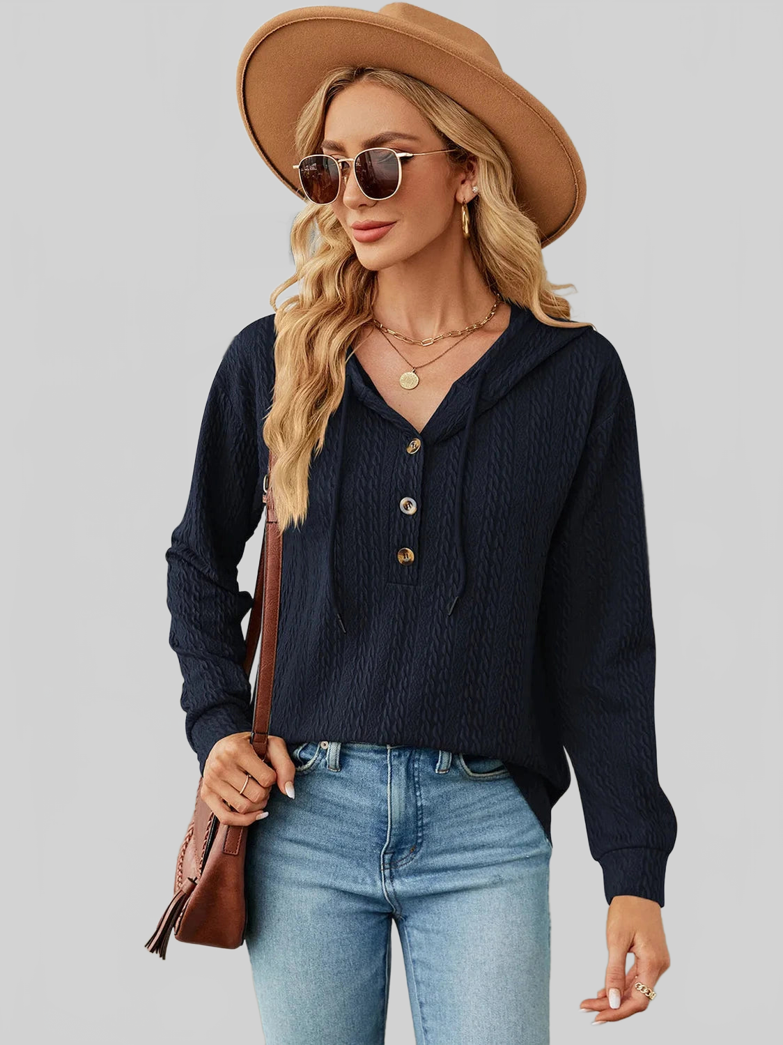 Drawstring Half Button Long Sleeve Hoodie nicholesgifts