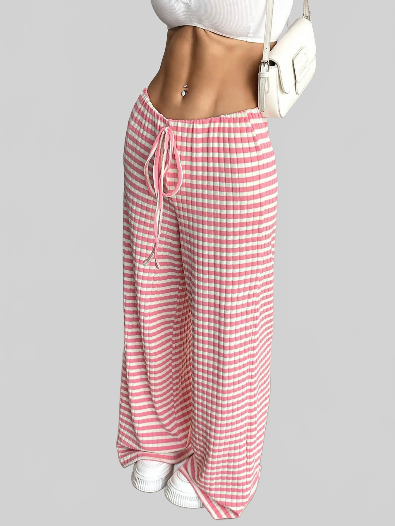Women Striped Wide Leg Drawstring Pants nicholesgifts