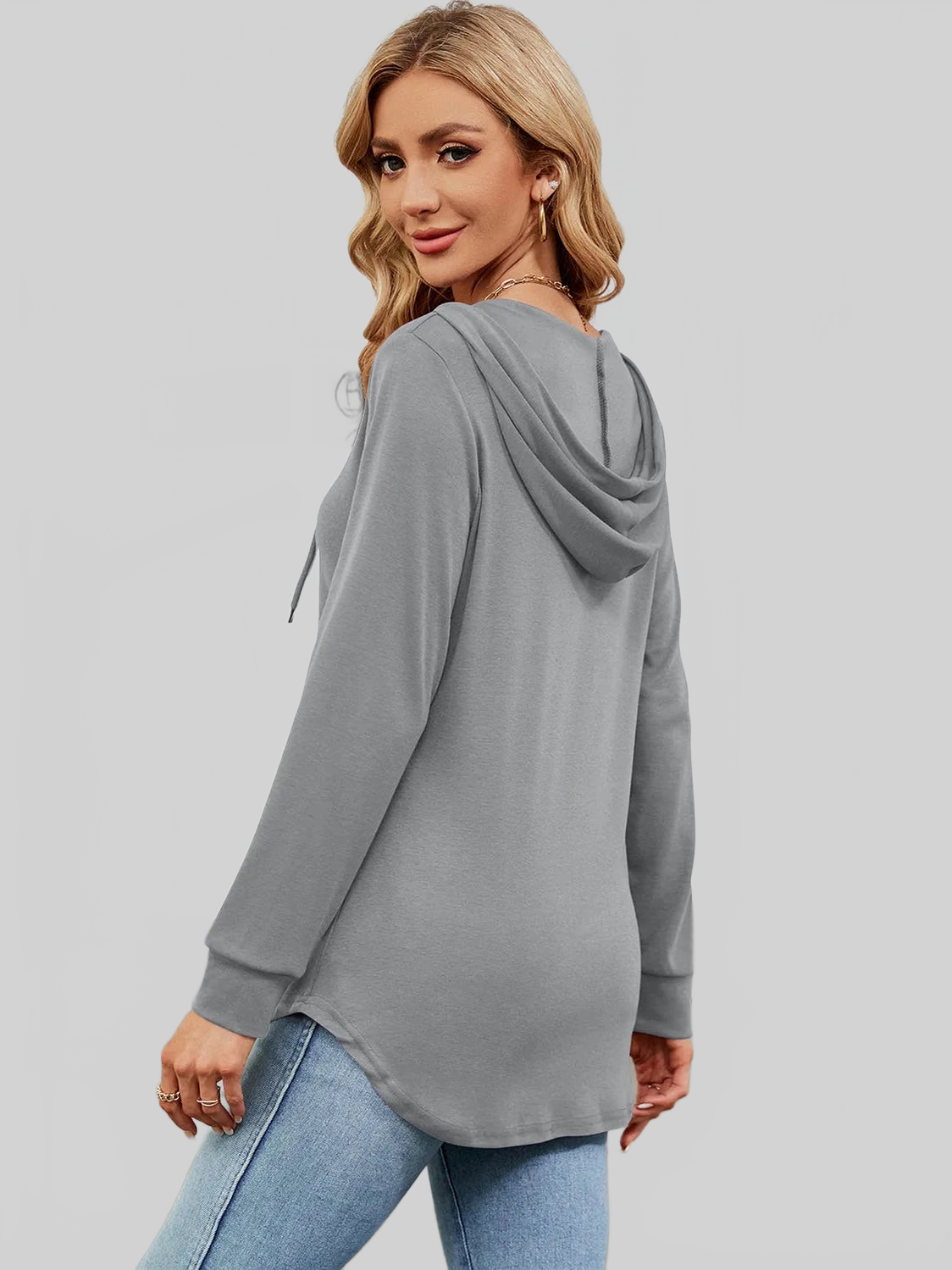 Decorative Button Drawstring Long Sleeve Hoodie NicholesGifts