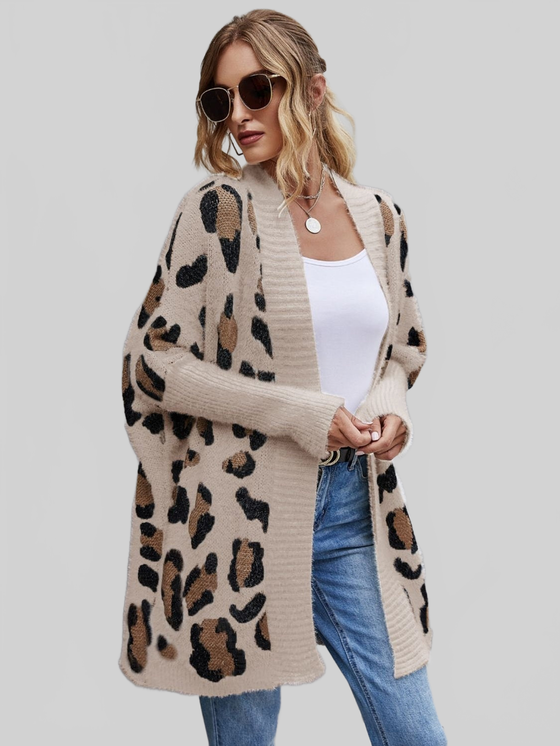 Women Leopard Pattern Fuzzy Cardigan nicholesgifts