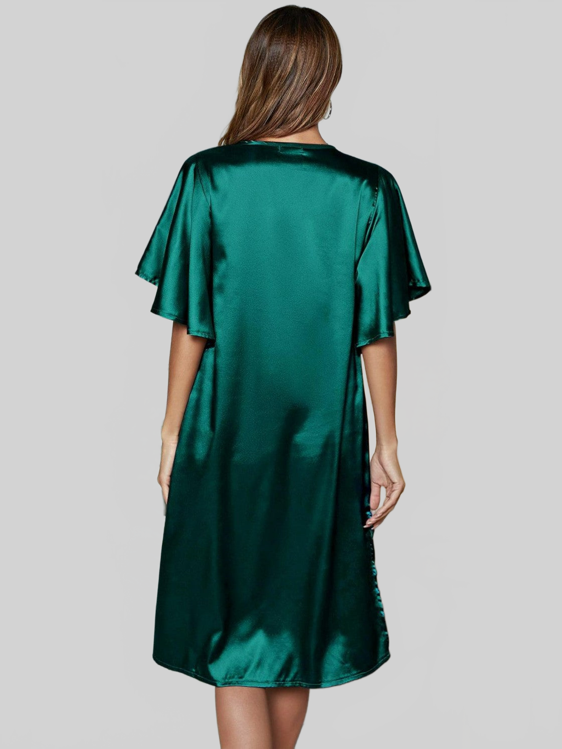 Satin Flutter Sleeve Side Slit V-Neck Night Dress nicholesgifts