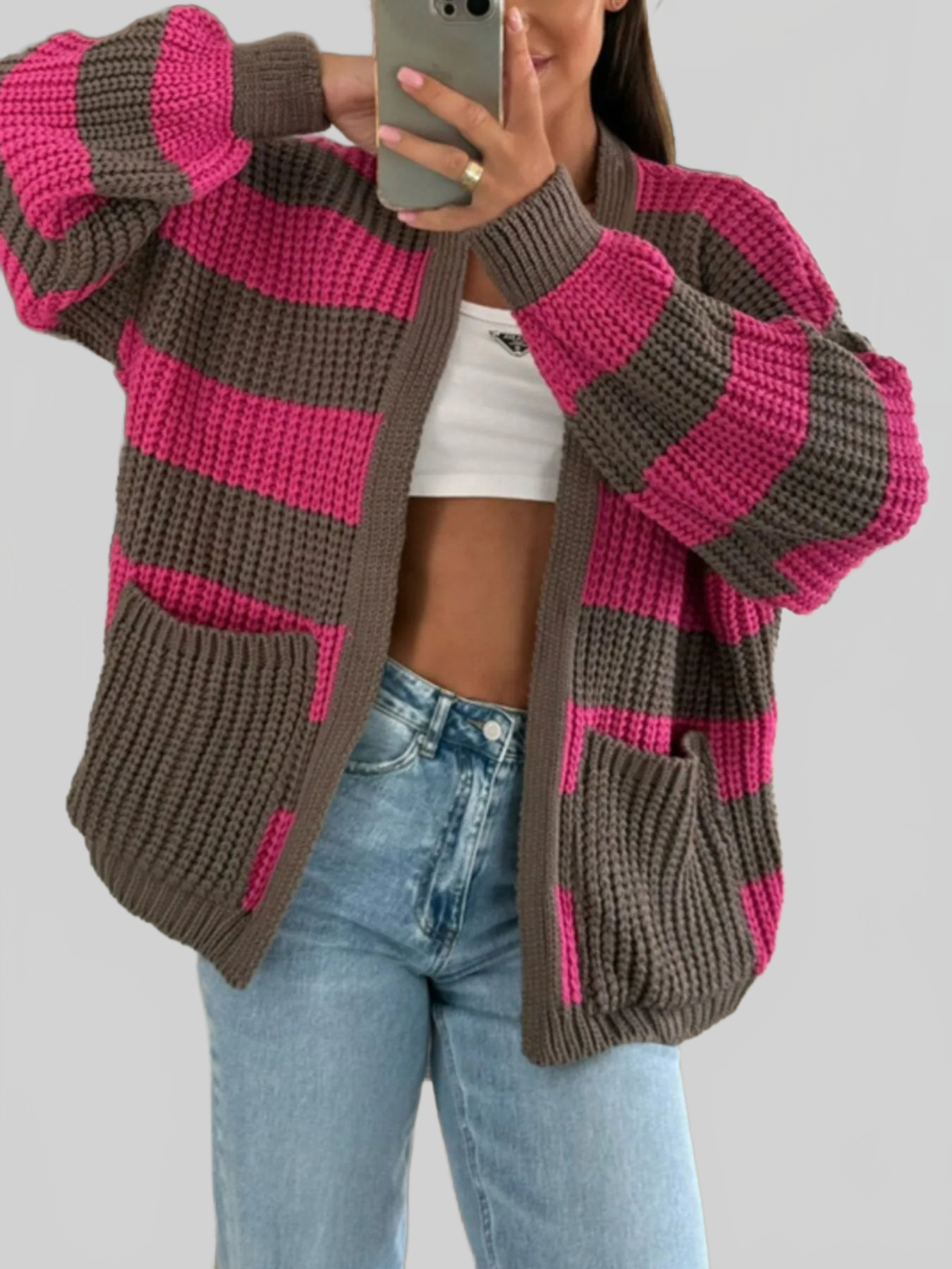 Striped Open Front Long Sleeve Cardigan nicholesgifts