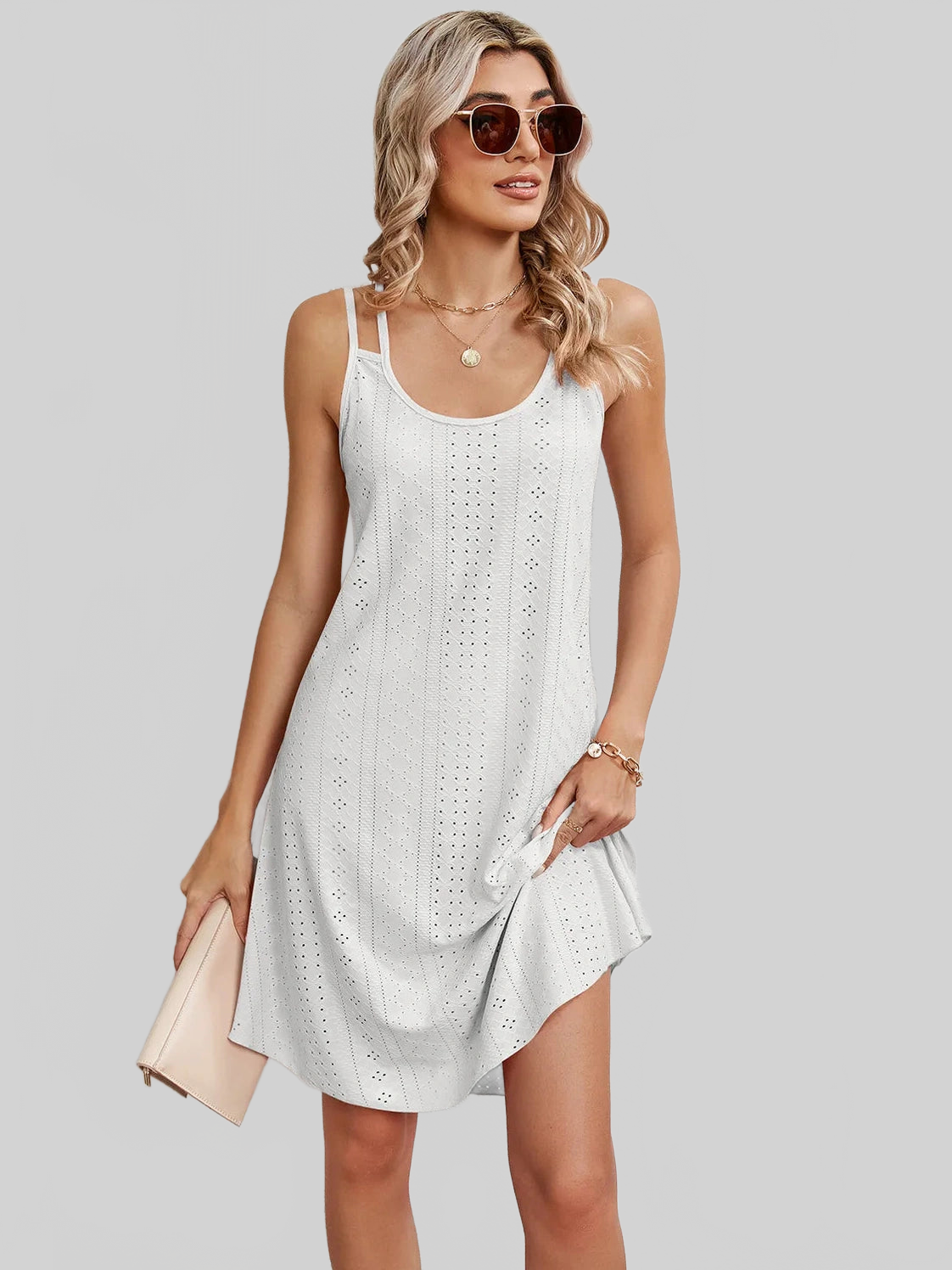 Eyelet Scoop Neck Double Strap Dress nicholesgifts