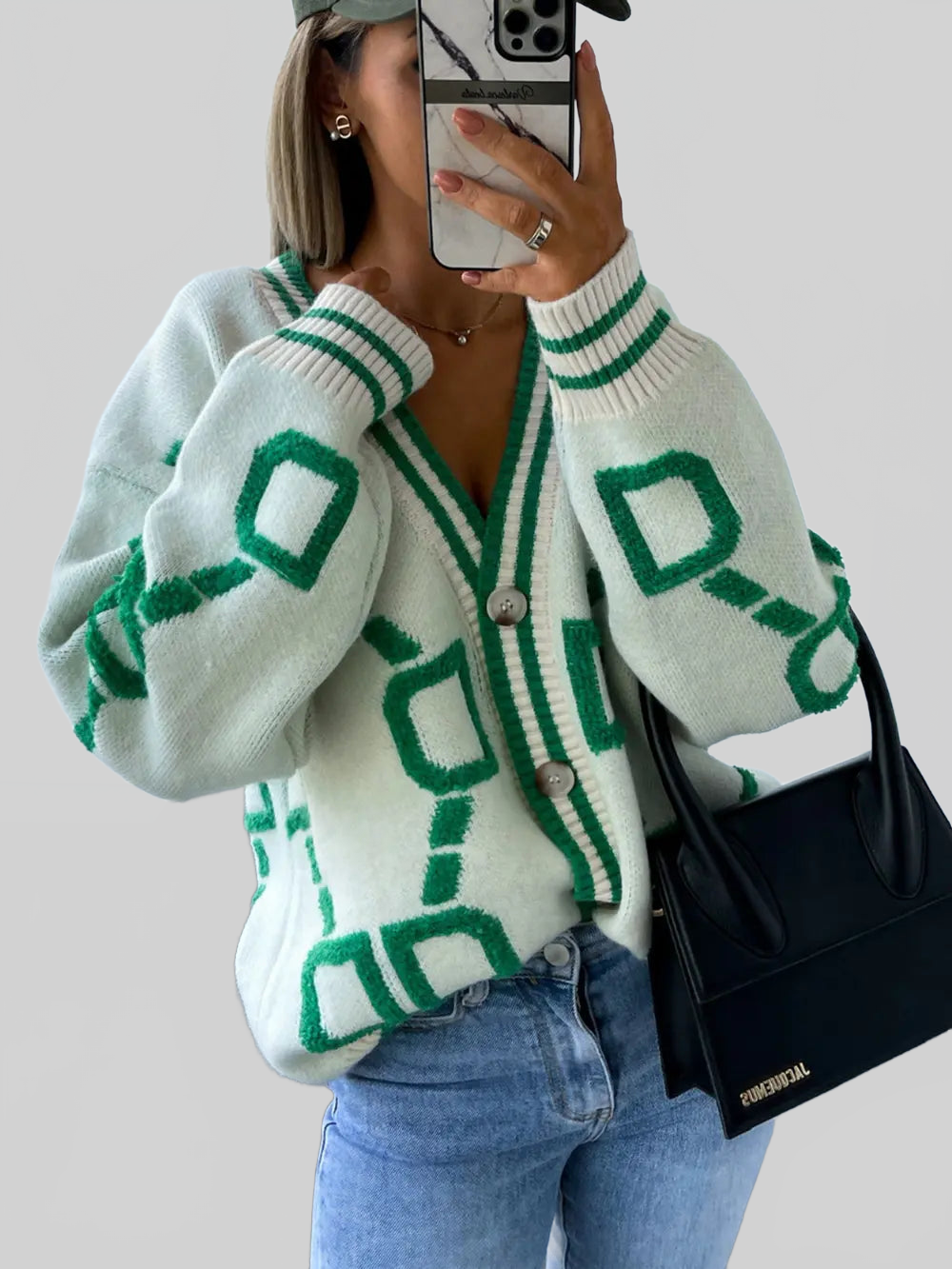Women Geometric Dropped Shoulder Button Down Cardigan nicholesgifts