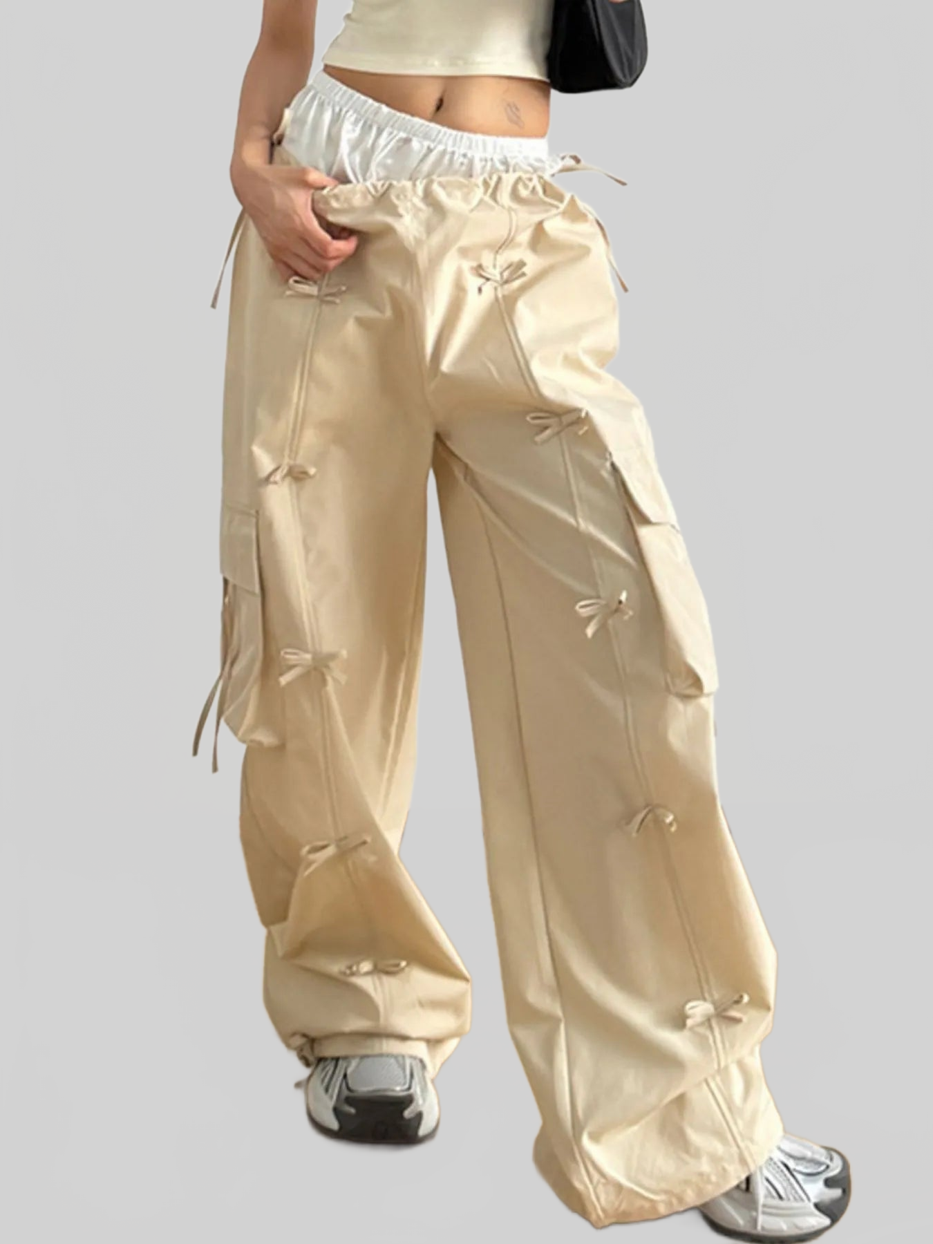 Women Cargo Wide Leg Pants with Bow Tie Details nicholesgifts