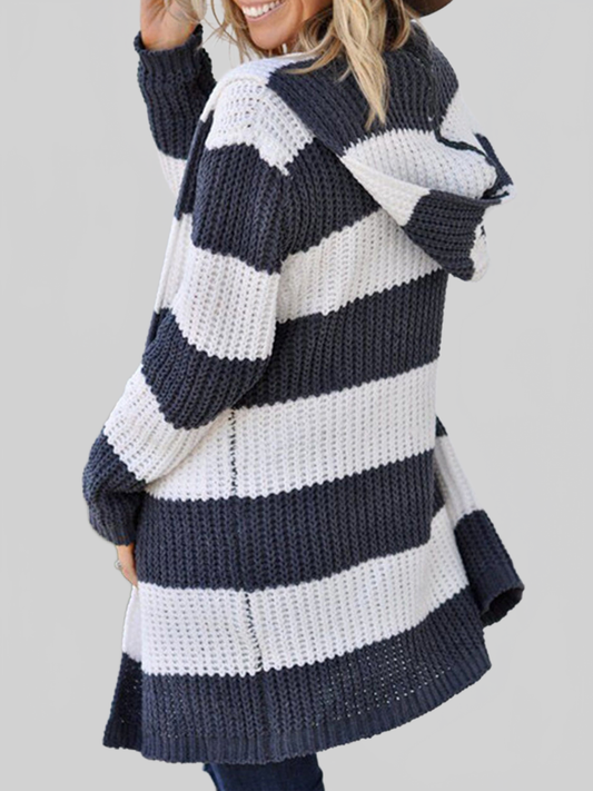 Striped Open Front Hooded Cardigan nicholesgifts