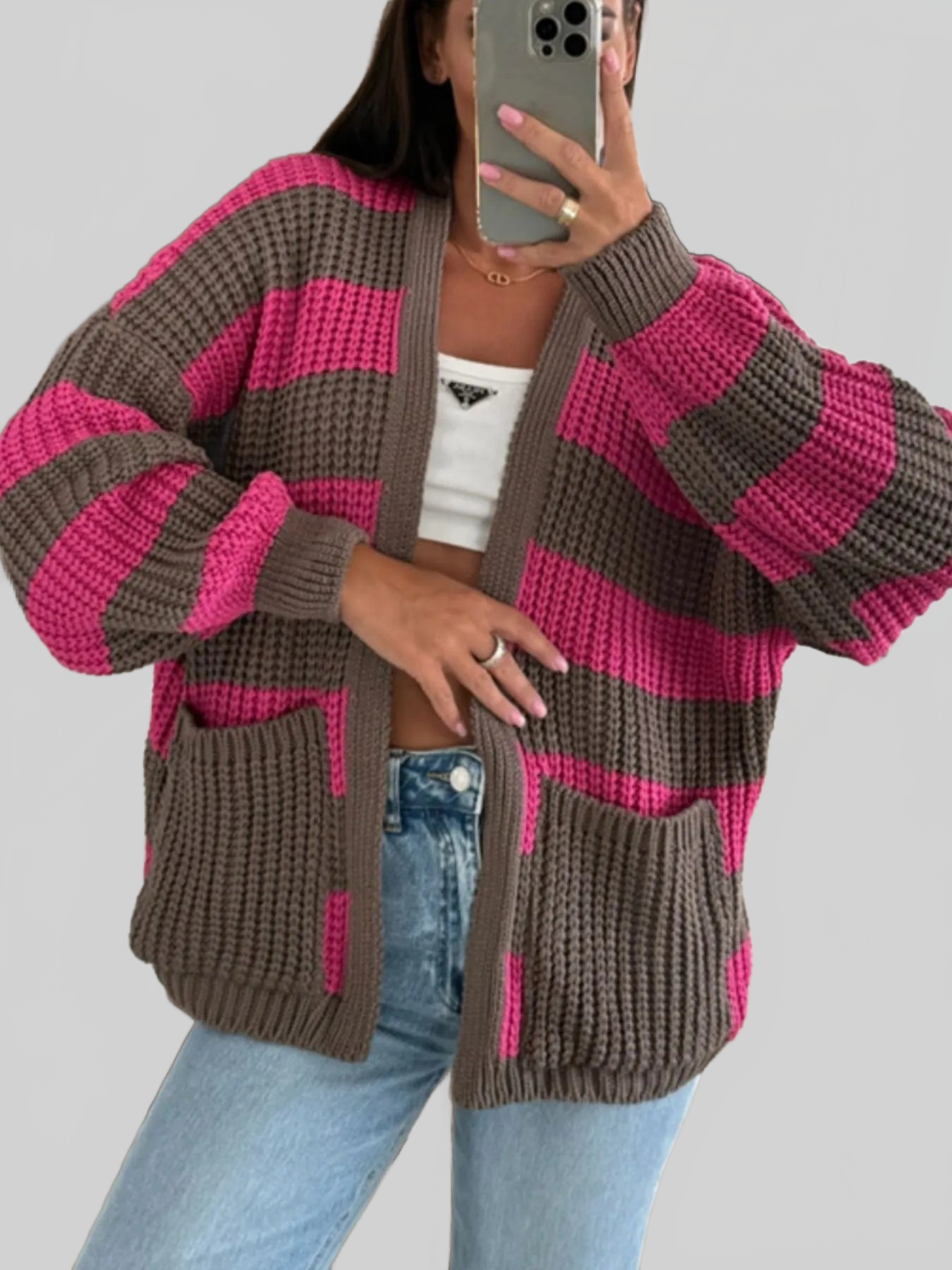 Striped Open Front Long Sleeve Cardigan nicholesgifts
