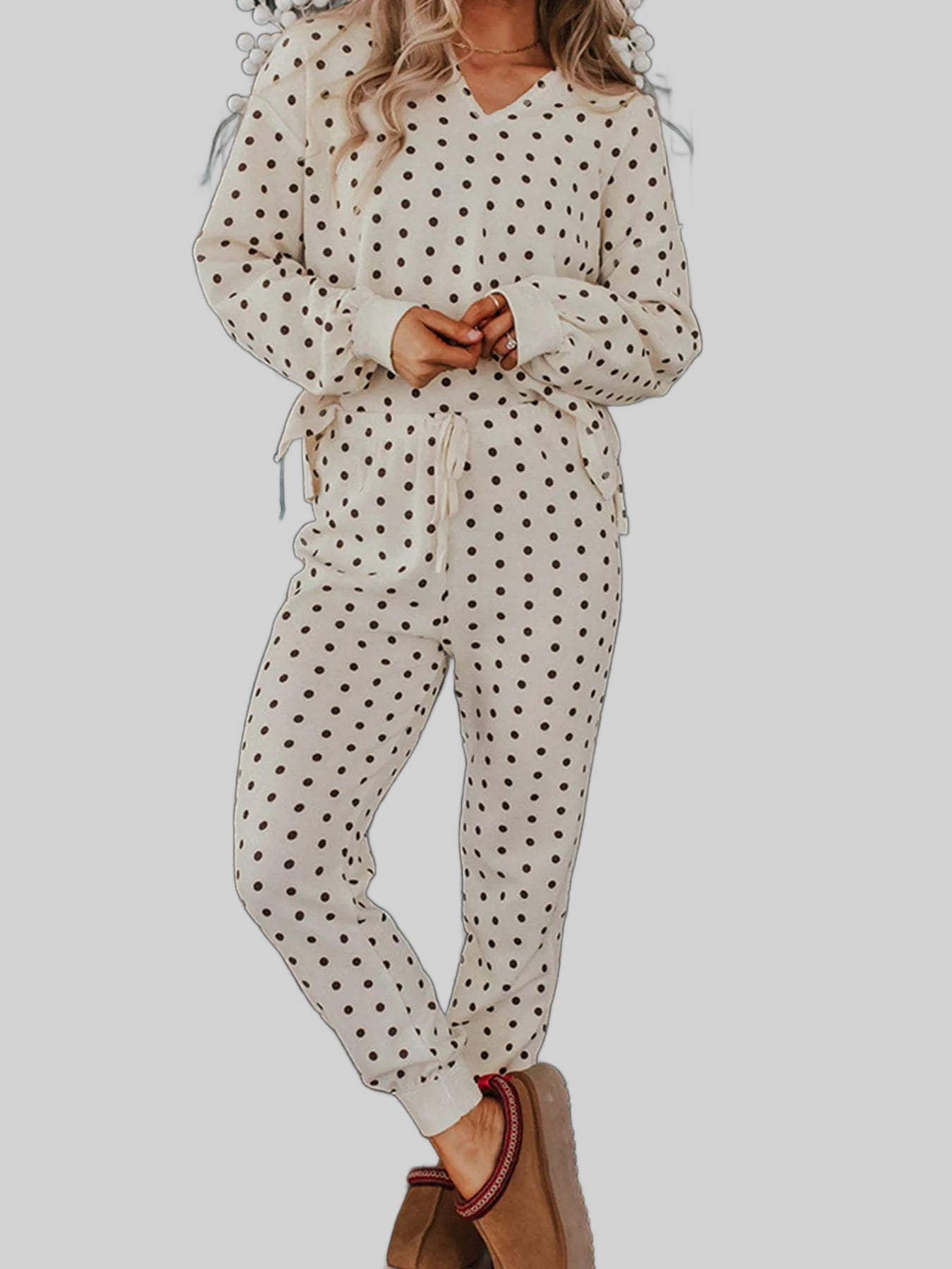 Polka Dot Notched Long Sleeve Top and Drawstring Joggers Lounge Set nicholesgifts