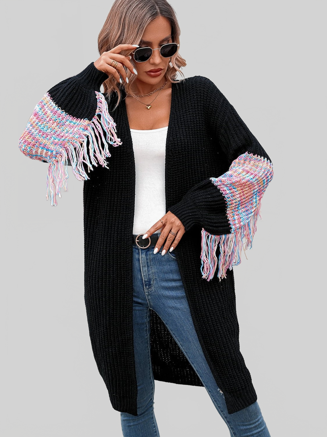 Fringe Sleeve Dropped Shoulder Cardigan nicholesgifts