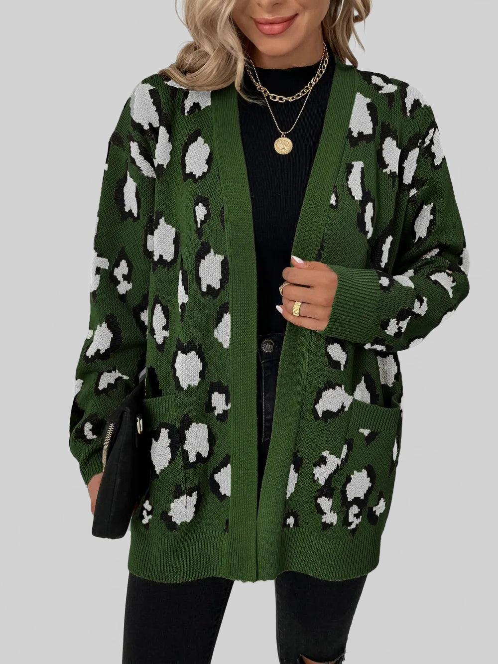 Women Leopard Open Front Dropped Shoulder Cardigan nicholesgifts